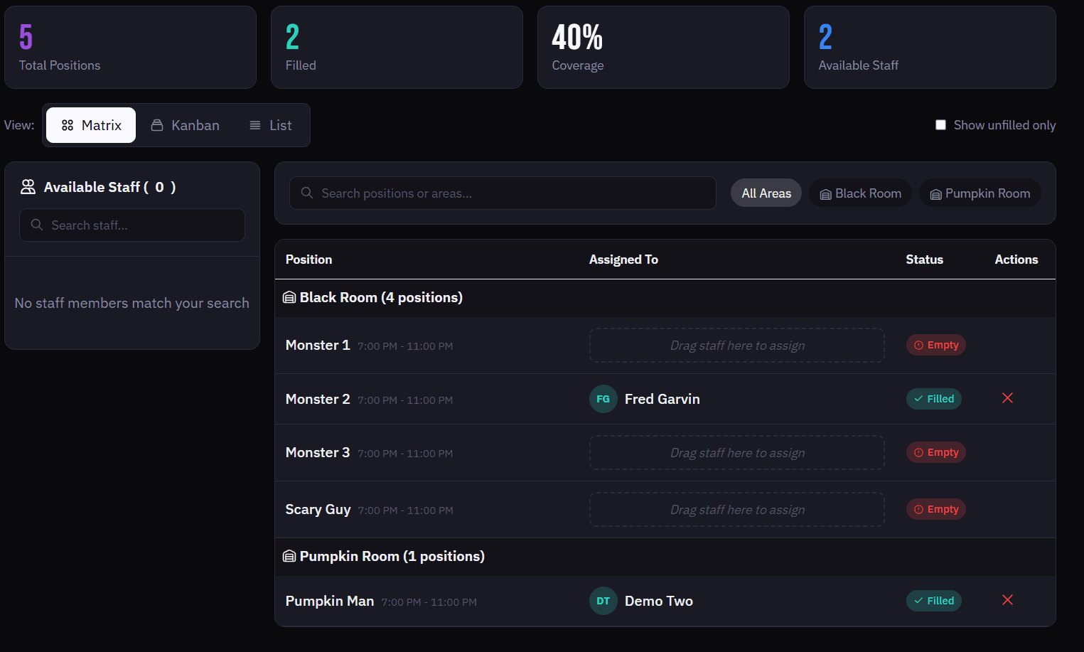 Graveyard Shift scheduling interface showing areas, positions, and staff assignments