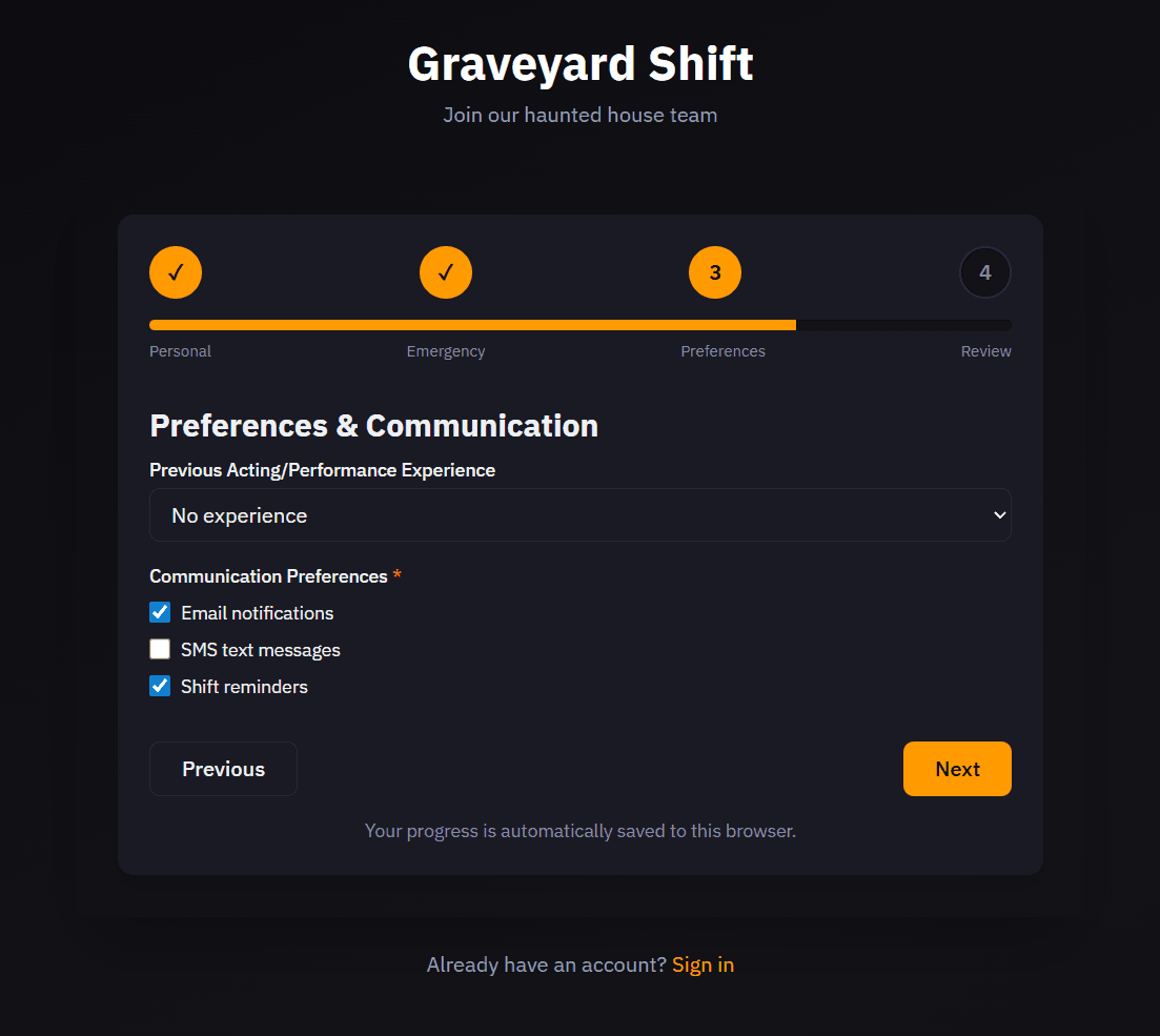 Graveyard Shift Communication Preferences showing the SMS text messages opt-in checkbox