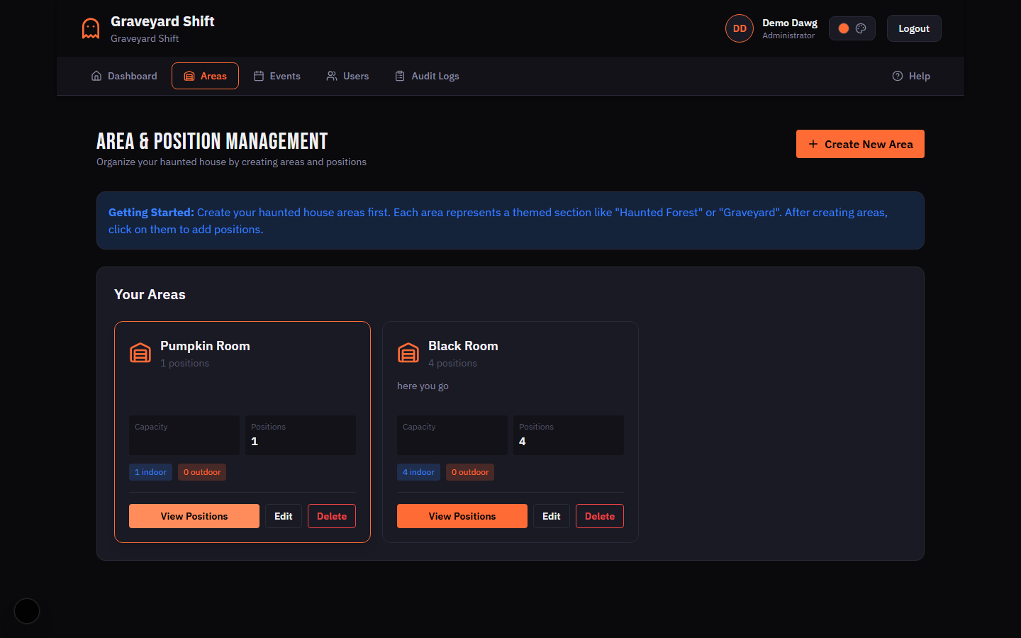 Area detail page with list of positions and Add Position button