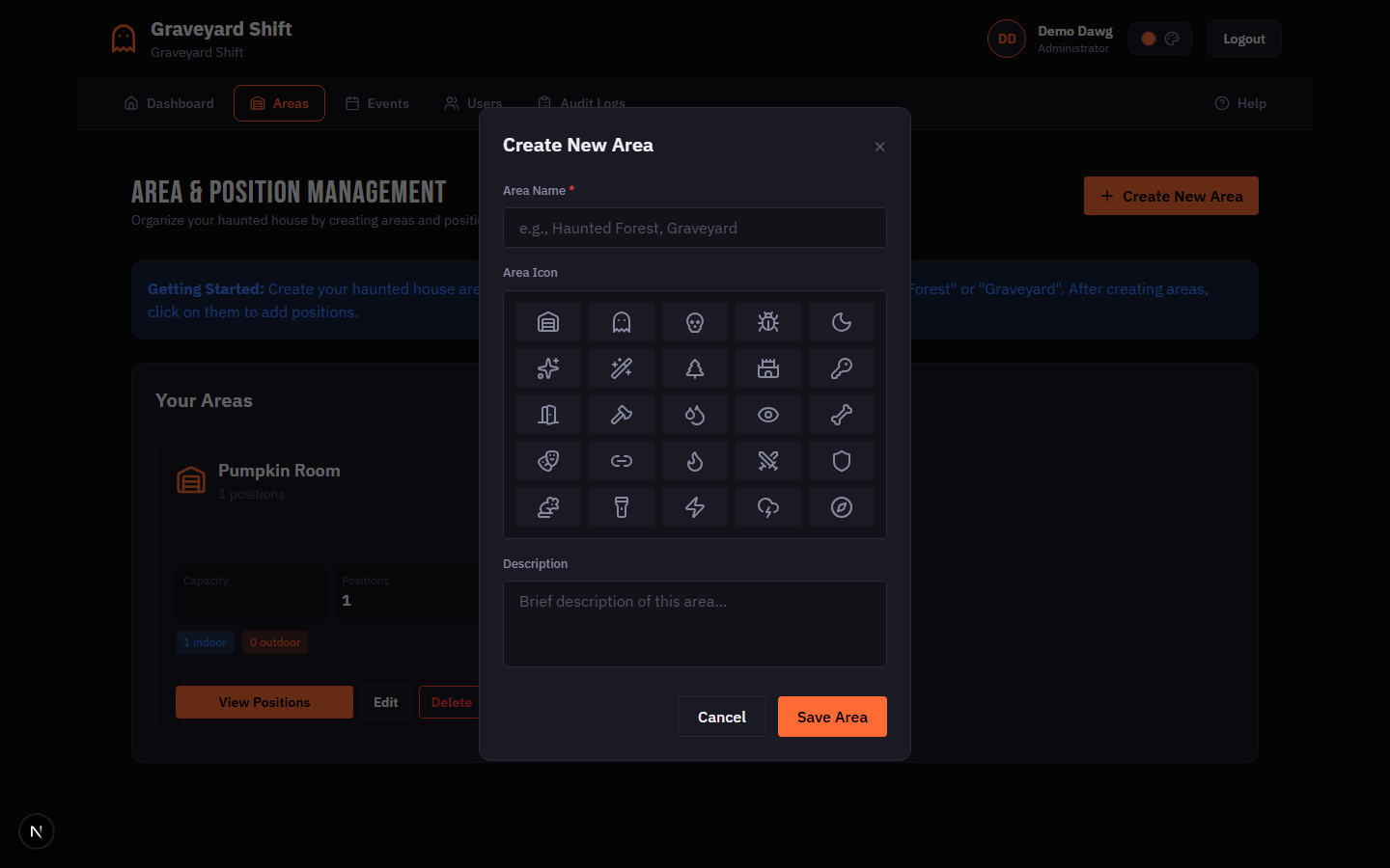 Area creation modal with name, icon picker, and description fields