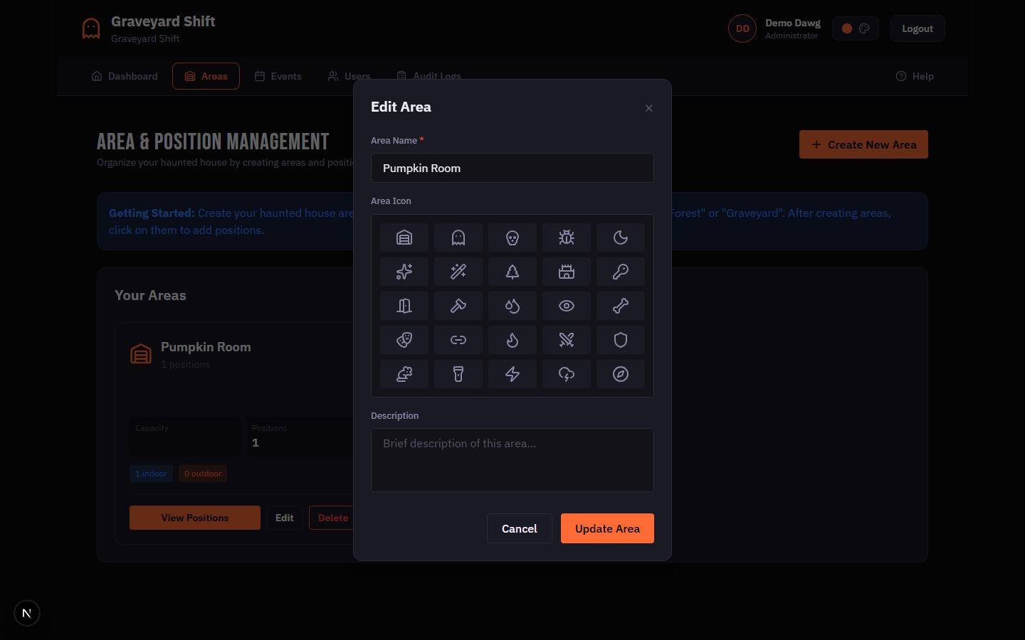Area edit modal showing pre-filled form fields for an existing area