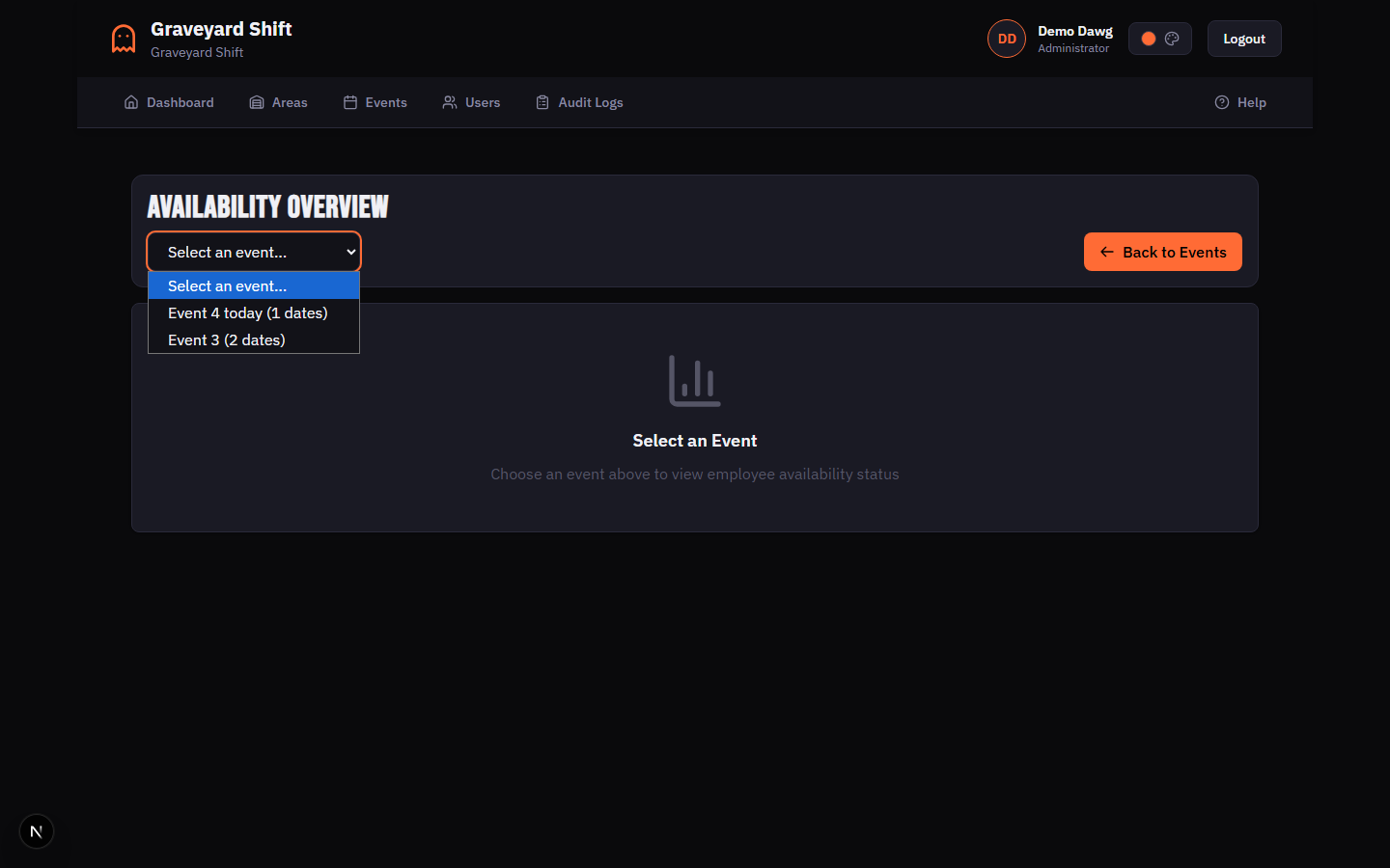 Event selector dropdown showing event names with date counts
