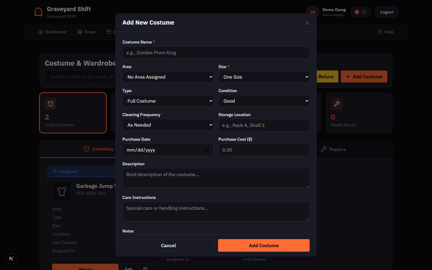 Add New Costume modal with fields for name, area, size, type, condition, and more