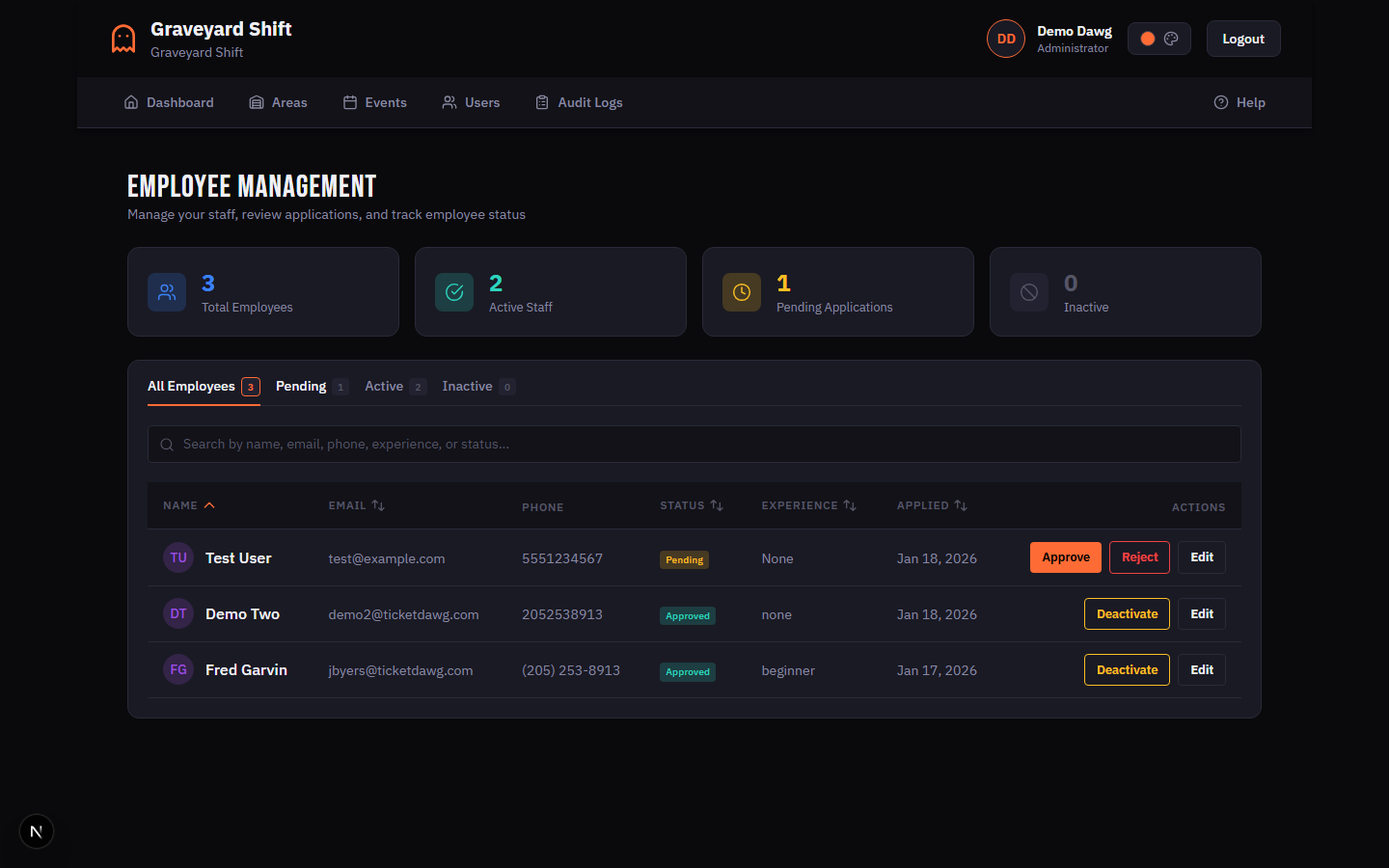 Employee list with status badges, filter tabs, search bar, and stats cards