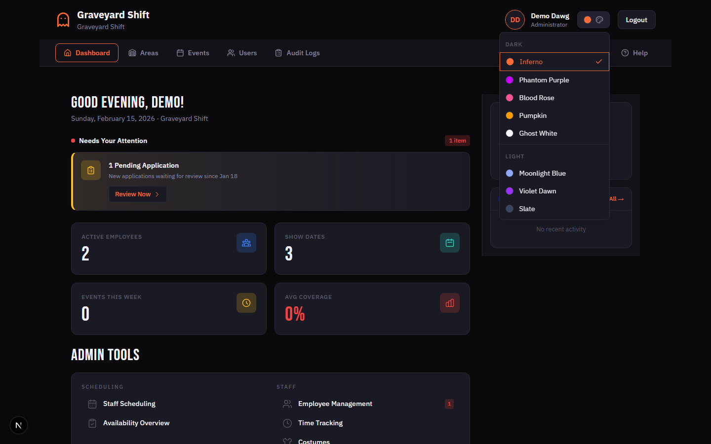Theme picker dropdown showing dark and light theme options with color swatches