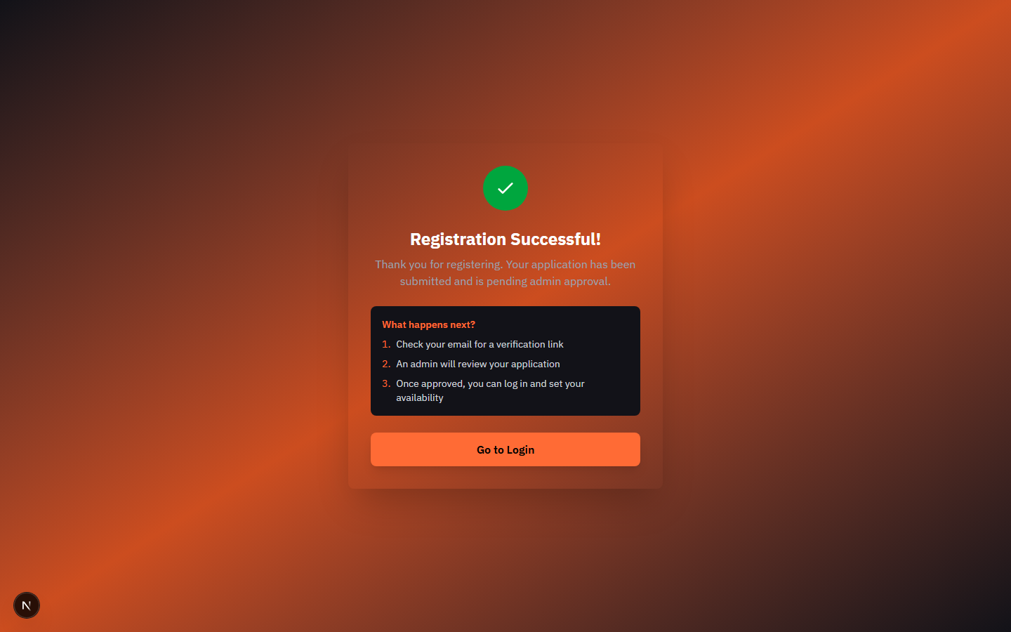 Registration success page showing the message Registration successful and a note about awaiting admin approval