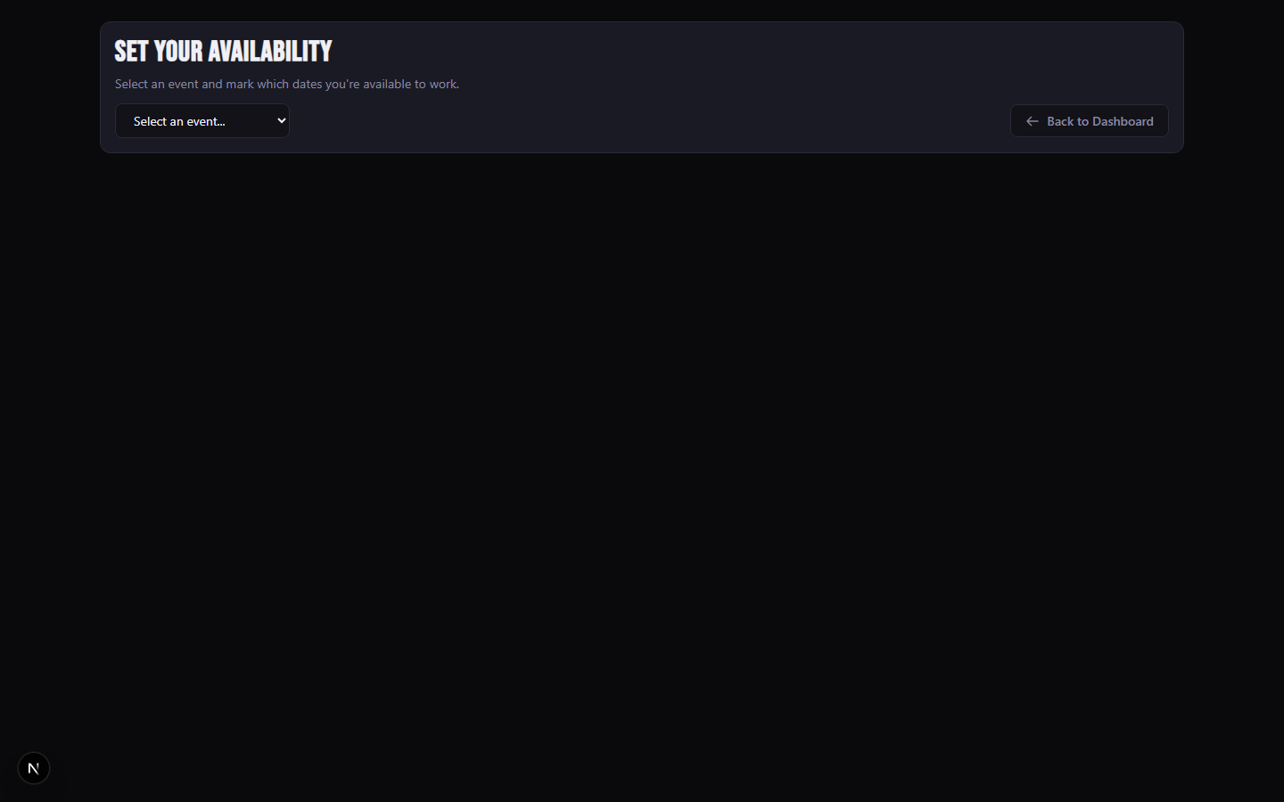 Stats bar showing event name, date counts for available, unavailable, and not set, with a progress bar at 75% complete