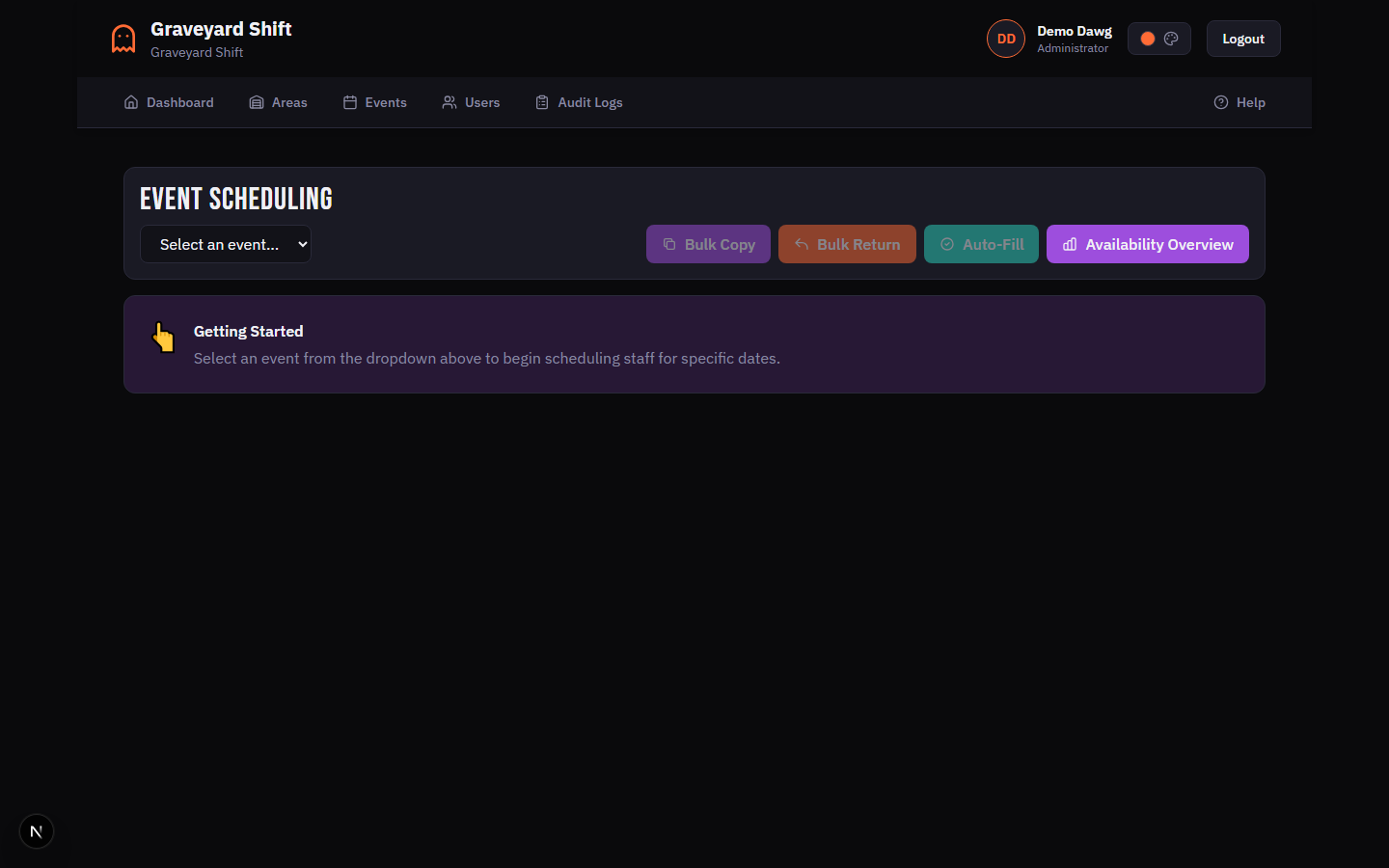 Full scheduling page showing header with event dropdown, date cards, stats bar, and two-panel grid layout