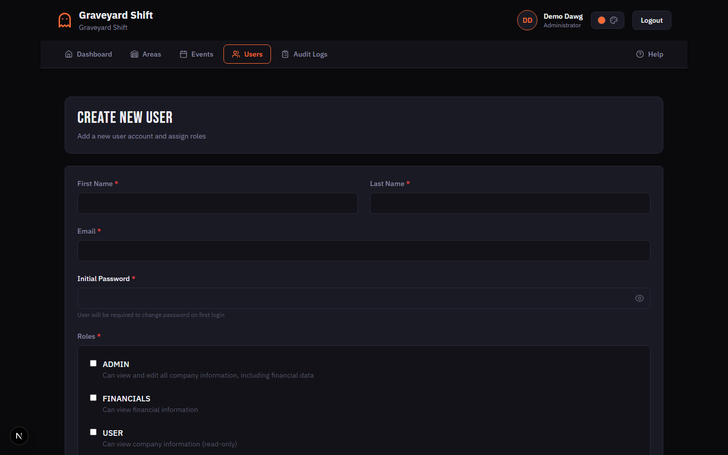 Create New User form showing first name, last name, email, phone, date of birth, and gender fields