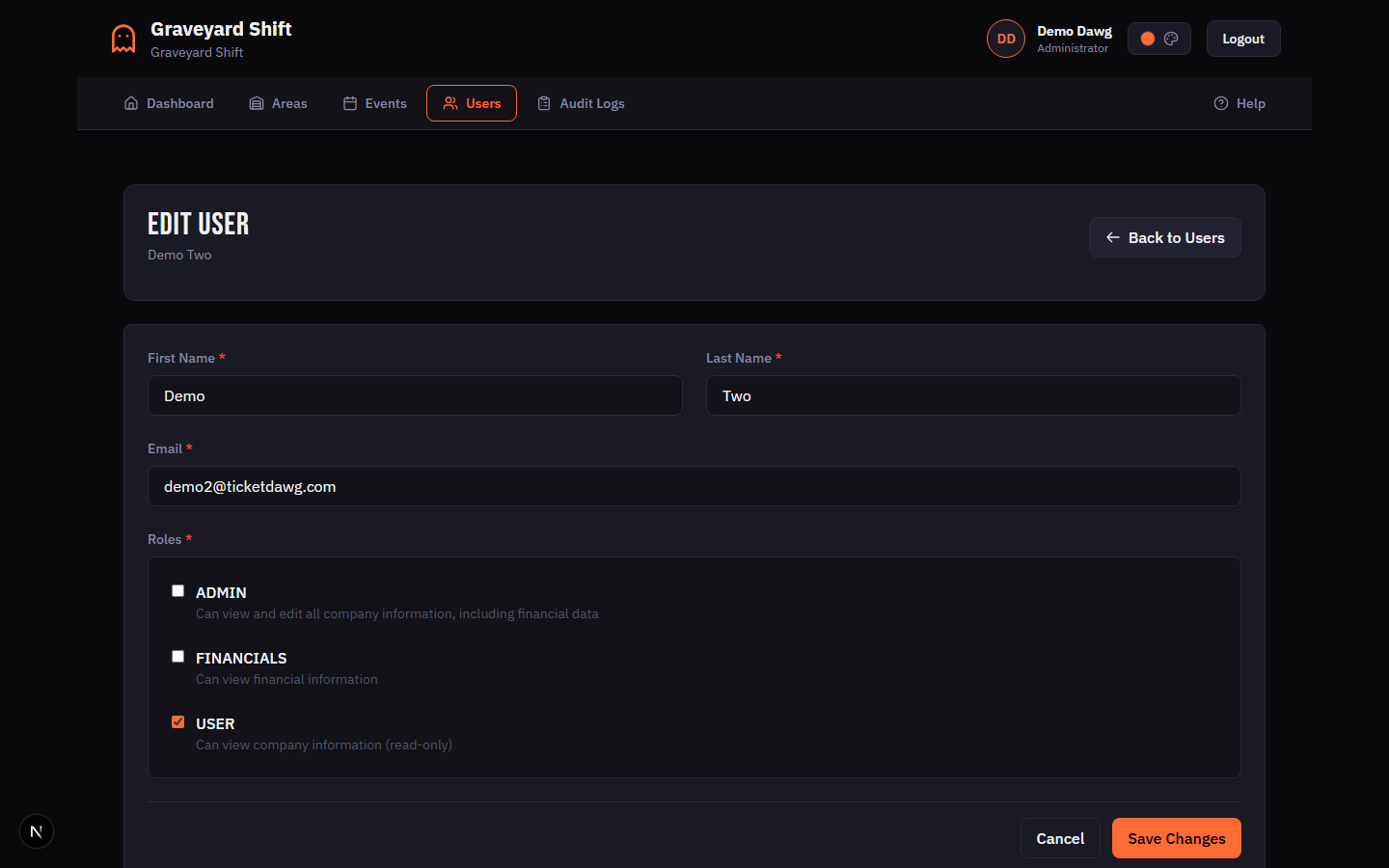 Edit User form showing pre-populated fields for an existing user with current role selections