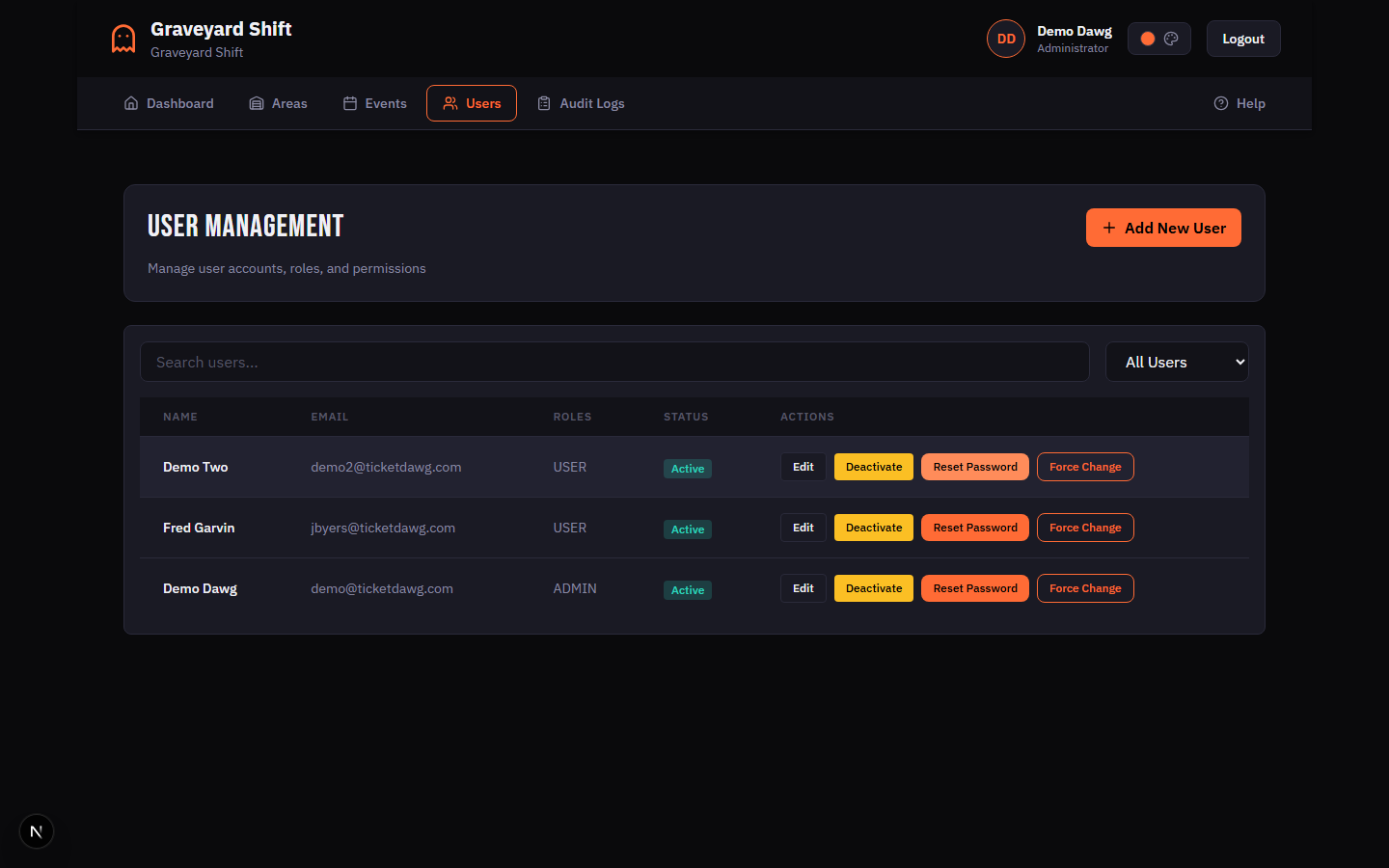 User Management page showing the user list table with Name, Email, Roles, Status, and Actions columns