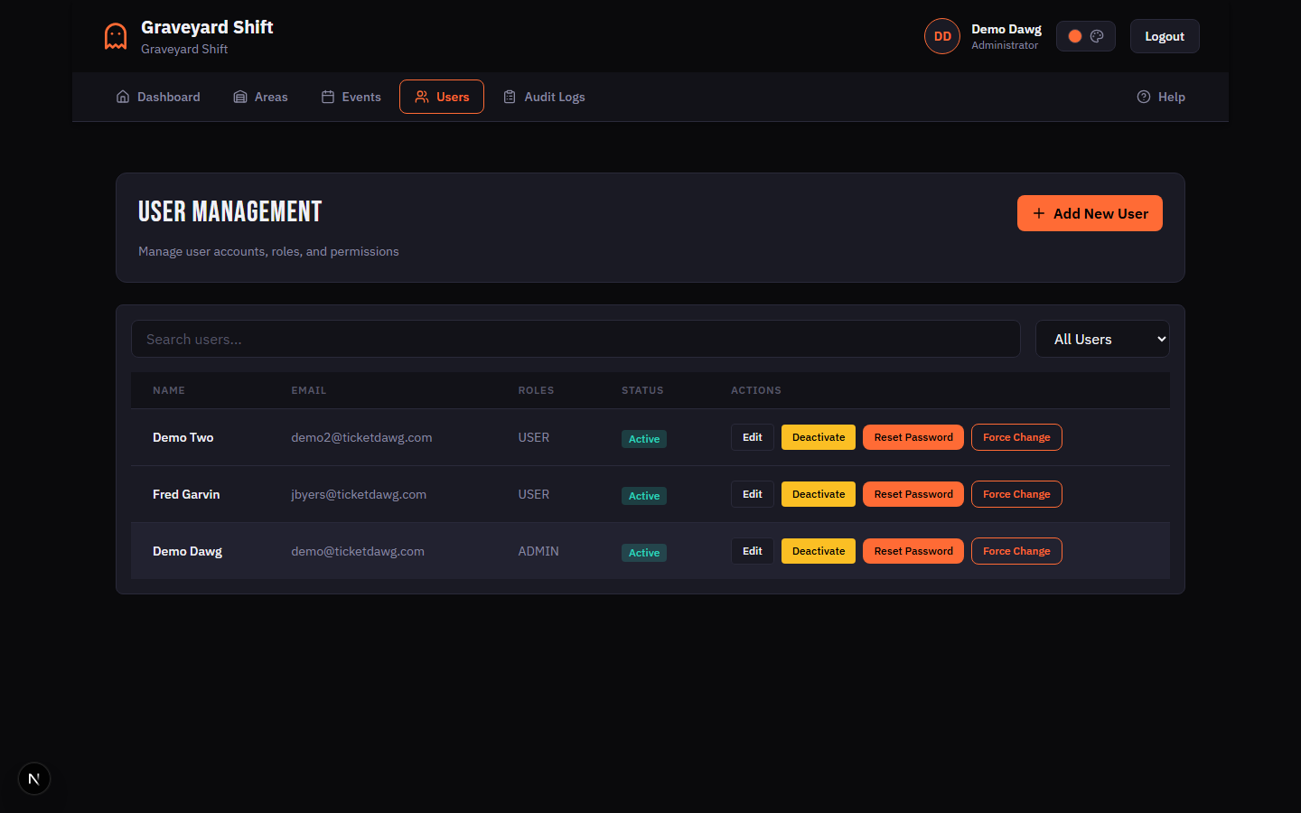 User Management page showing the user list table with Add New User button