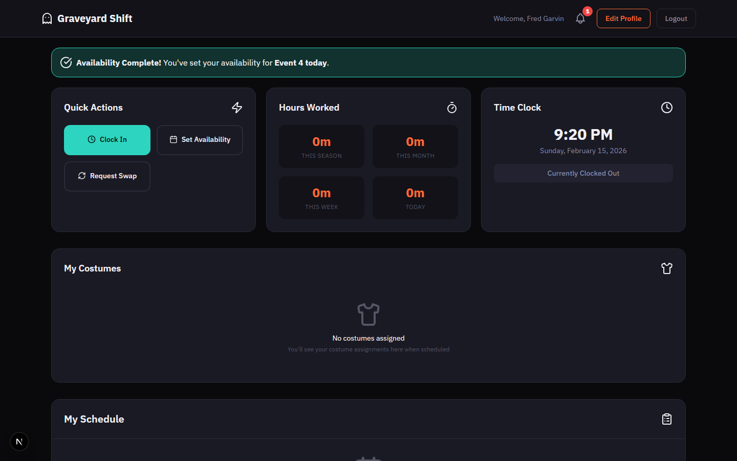 Employee Dashboard with the My Schedule card visible, showing a list of upcoming shifts with dates, times, and status badges